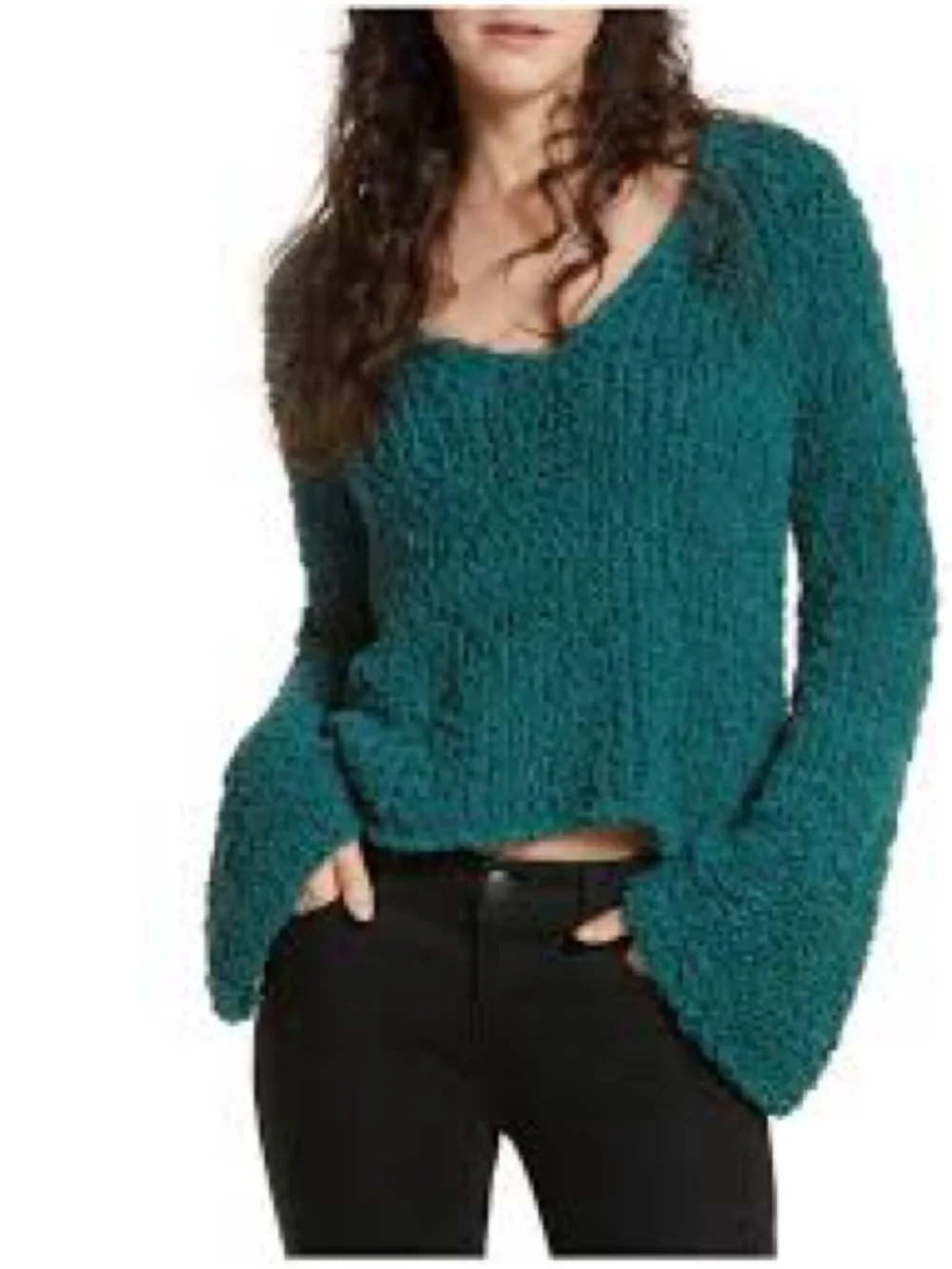 Free People Teal Chunky Sand Dune V Neck Sweater Oversized XS